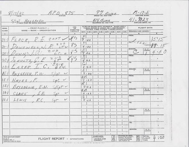 1942-08-17 414th BS B-17E 41-9023 Flight Report