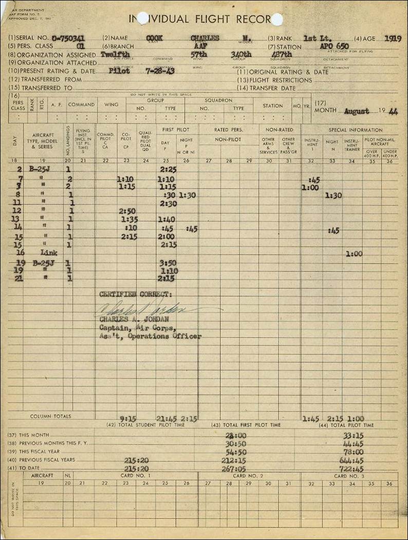 CHARLES COOK ARMY AIR CORPS FLIGHT RECORD