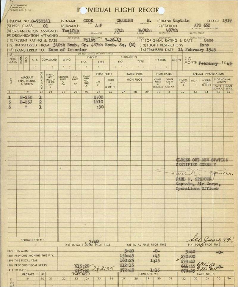 CHARLES COOK ARMY AIR CORPS FLIGHT RECORD